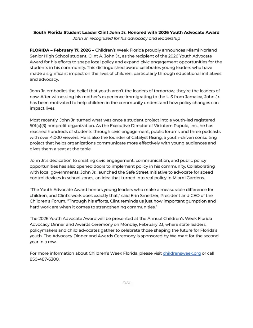 CW 2026 Youth Advocate Award Recipient_Press Release